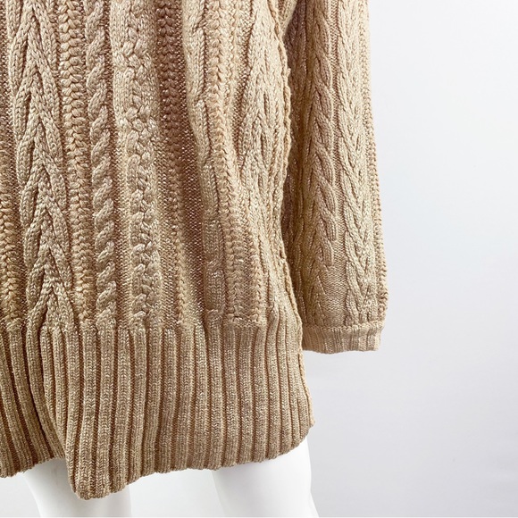 Free People Size M Beige Gold Coated Cable-knit Tunic Length Sweater - Picture 2 of 8
